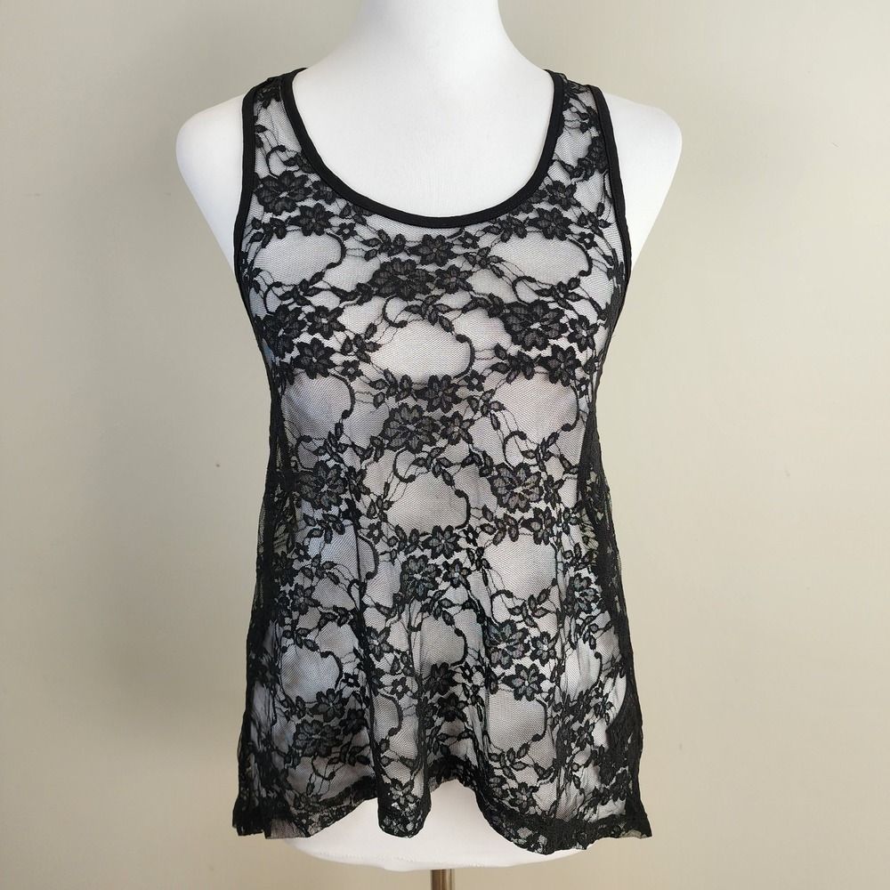 H&M Black Lace Top Womens 2 Mesh Witchy Sexy Whimsigoth Goth Rock Punk Cami Tank